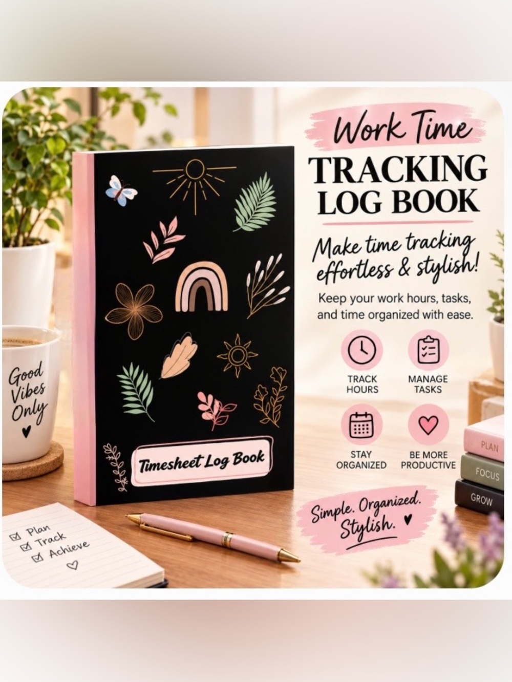 Timesheet Log Book - Pink & Black BOHO Work Tracking Journal